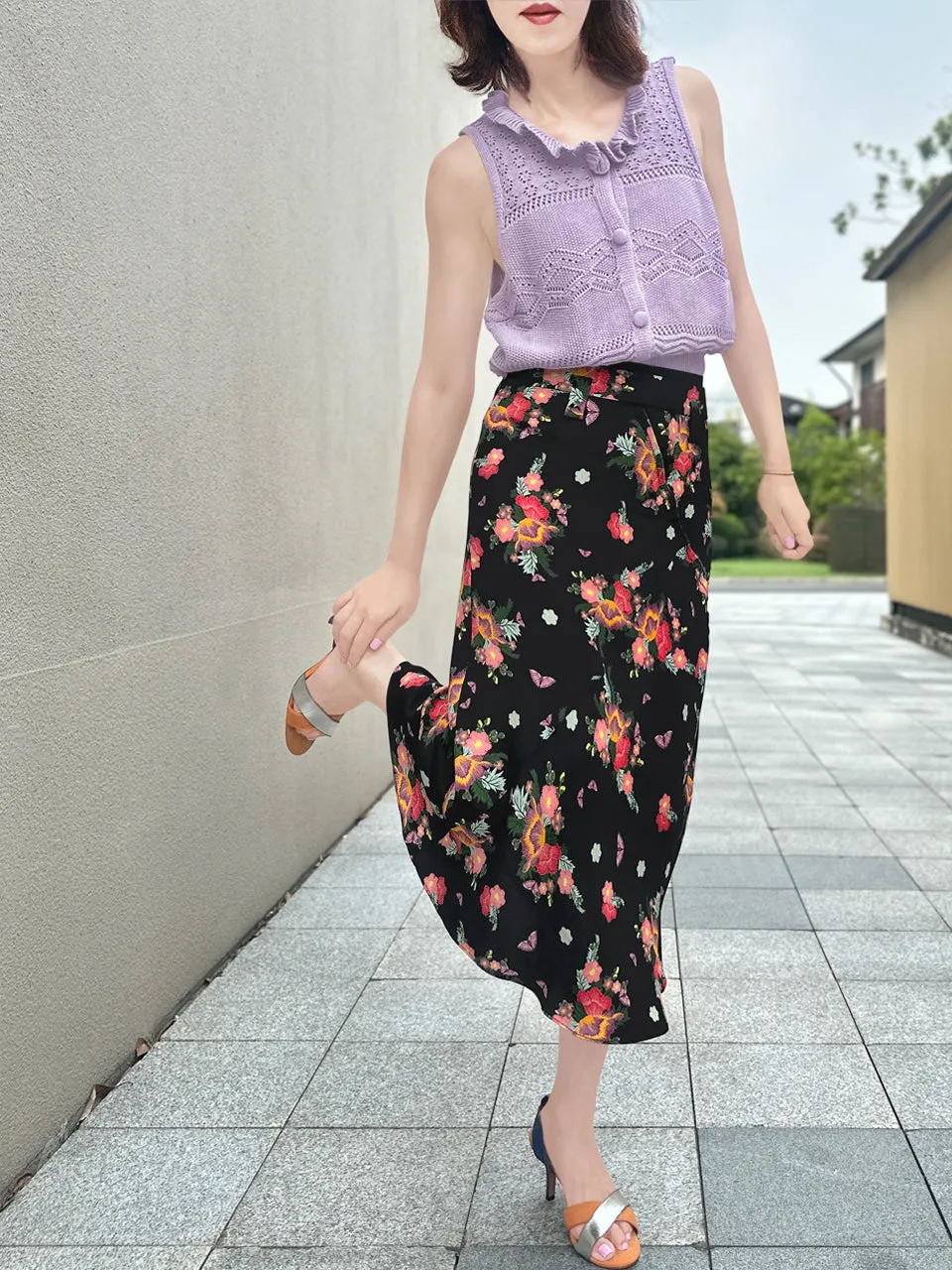 Last Chance! Black Floral Layered Waist A-line Breezy Midi Skirt