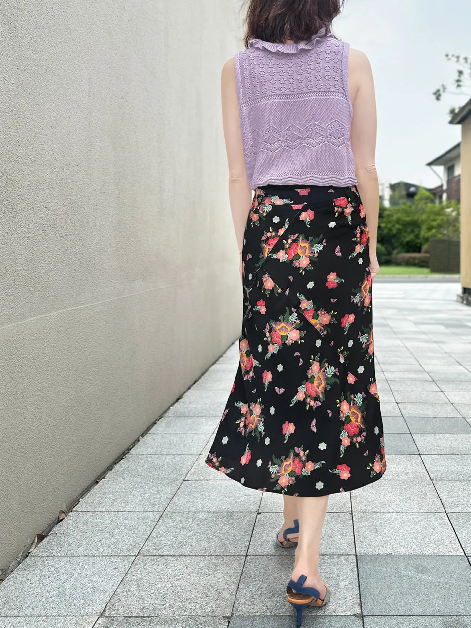 Last Chance! Black Floral Layered Waist A-line Breezy Midi Skirt