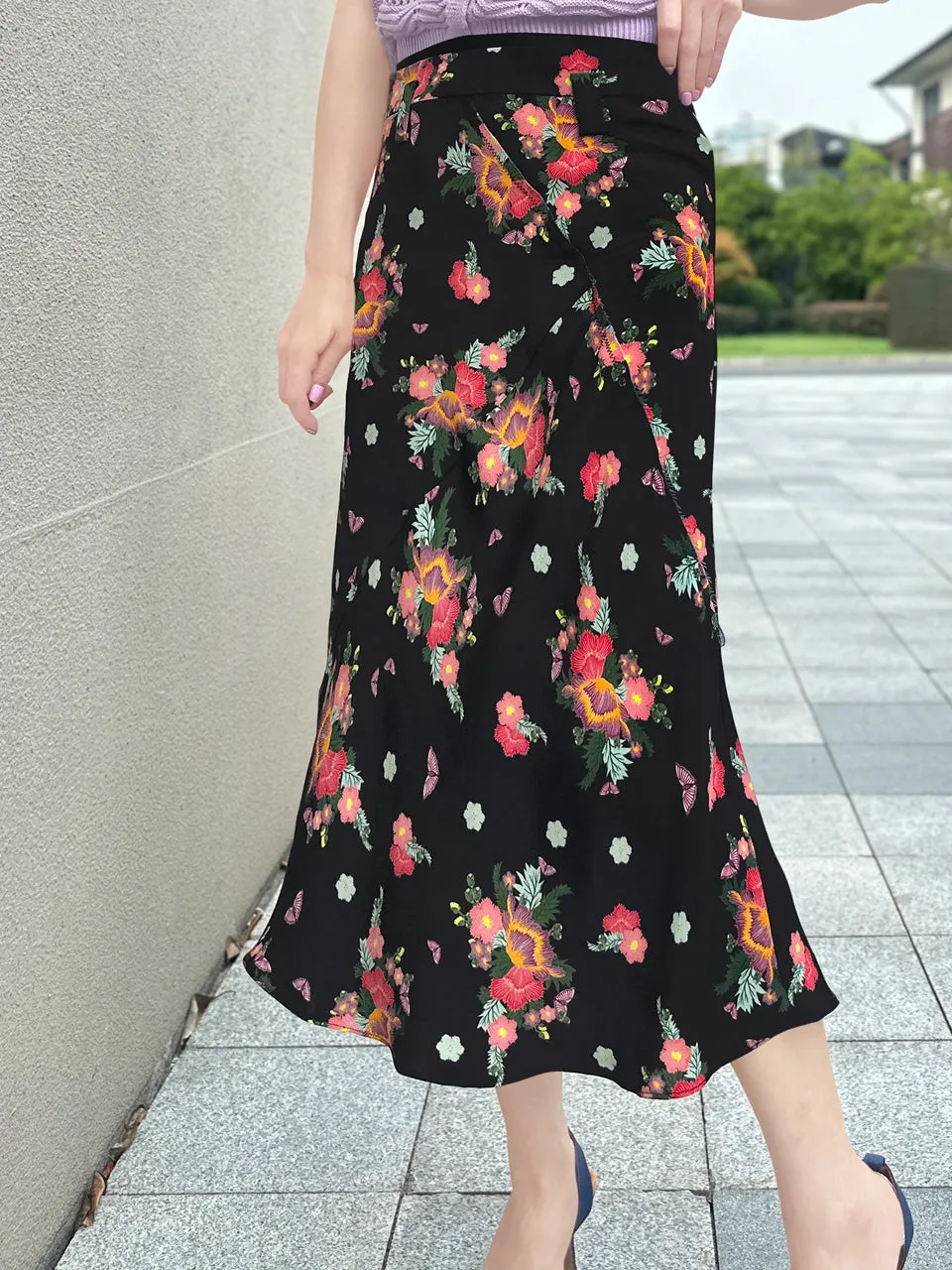 Last Chance! Black Floral Layered Waist A-line Breezy Midi Skirt