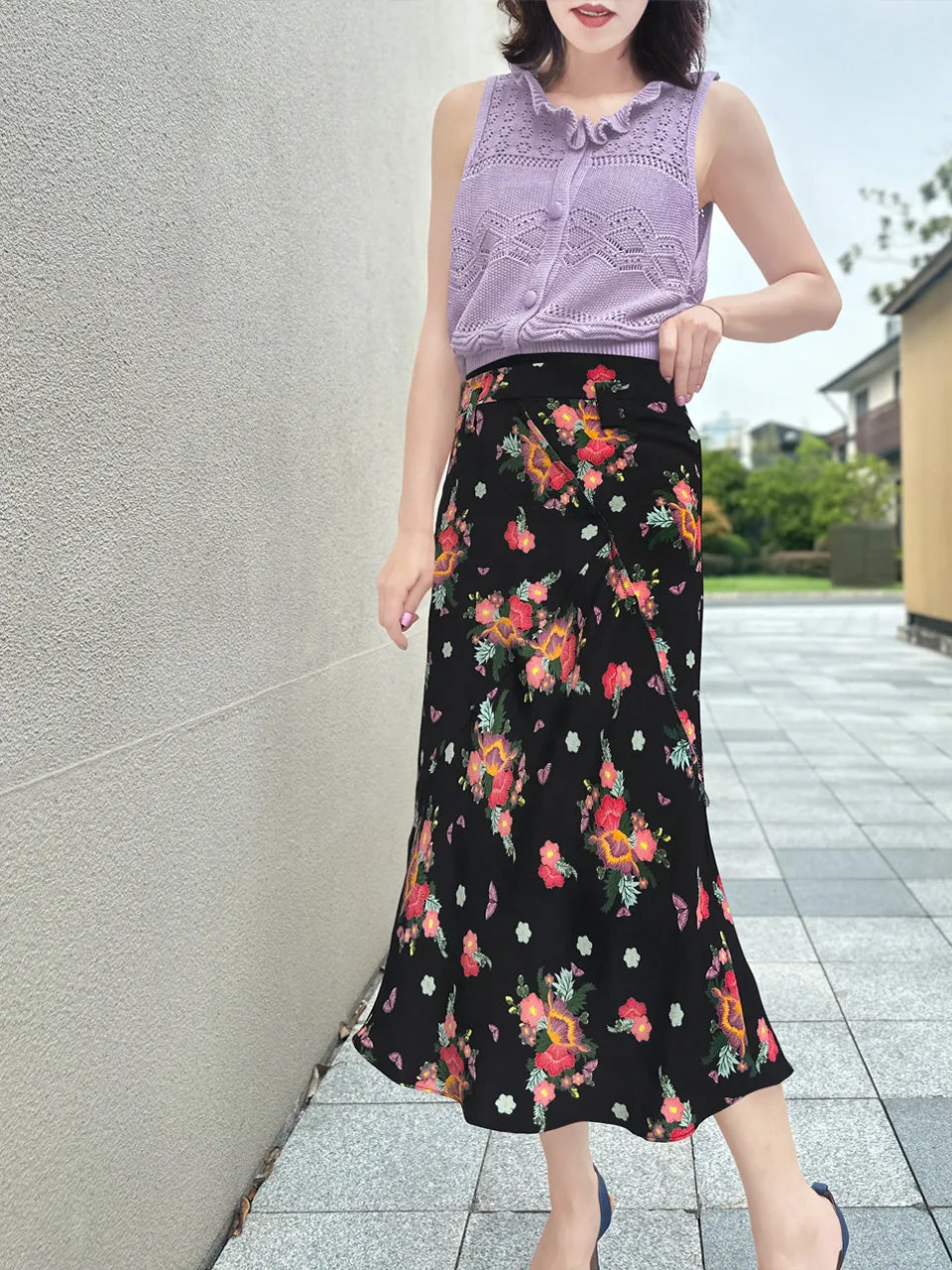 Last Chance! Black Floral Layered Waist A-line Breezy Midi Skirt