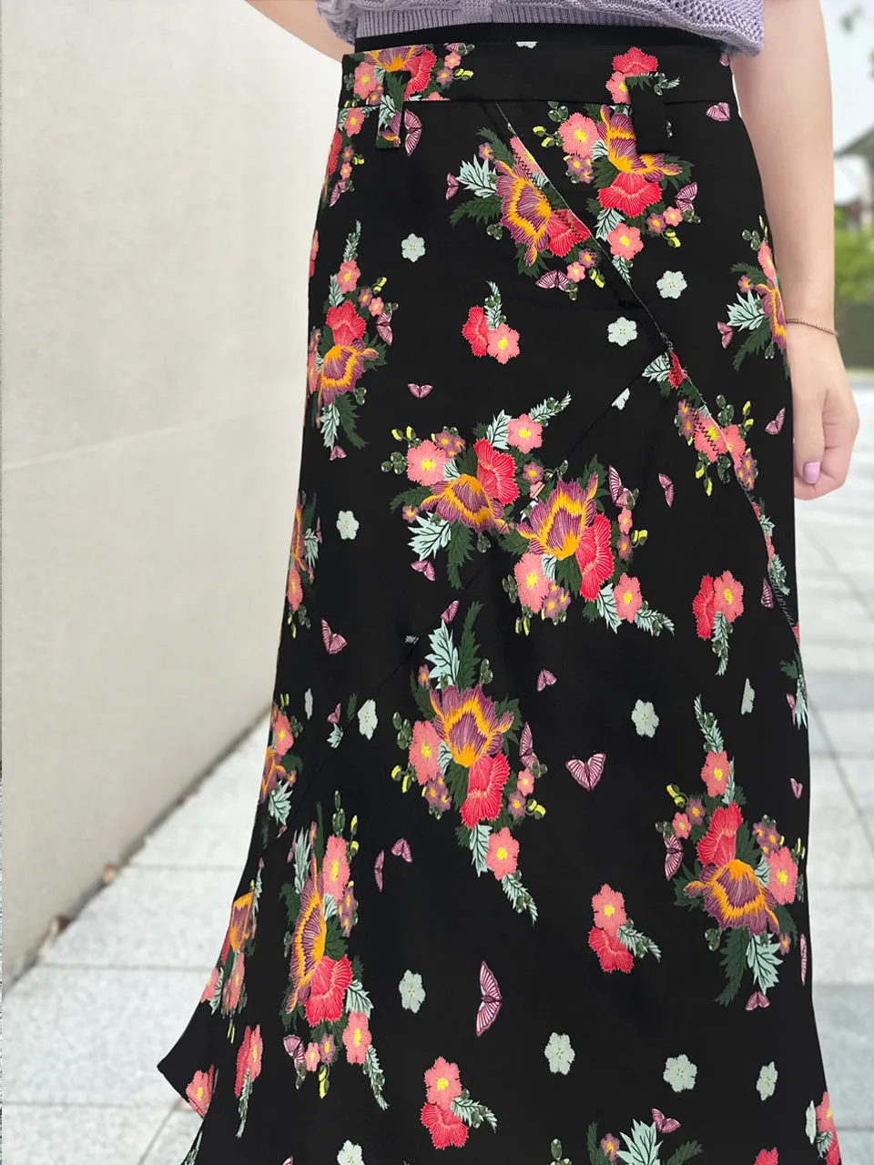 Last Chance! Black Floral Layered Waist A-line Breezy Midi Skirt