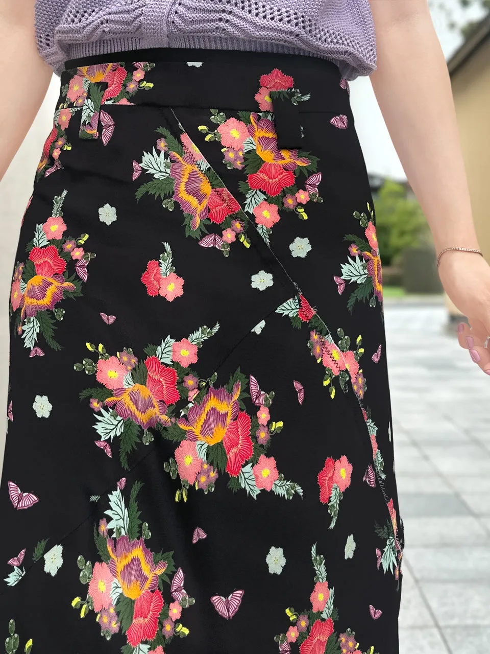 Last Chance! Black Floral Layered Waist A-line Breezy Midi Skirt