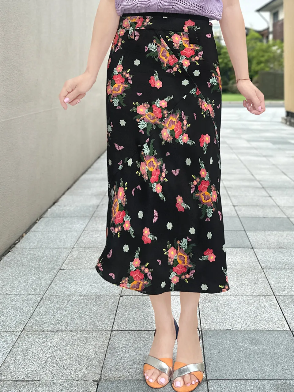 Last Chance! Black Floral Layered Waist A-line Breezy Midi Skirt