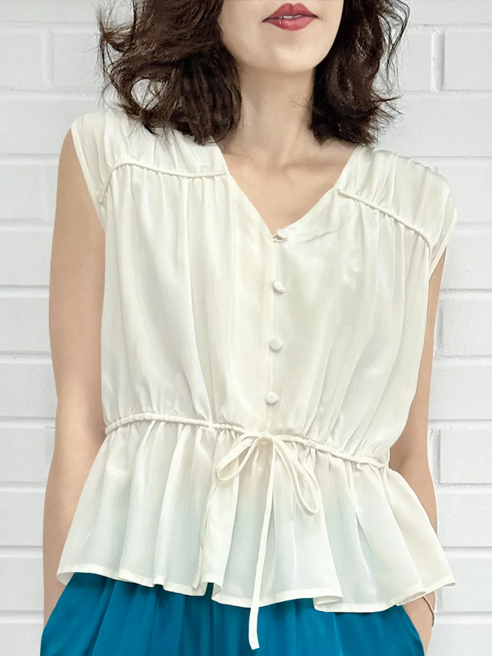 Last Chance! Creamy White Ruched Drawstring Waist Silk Blouse