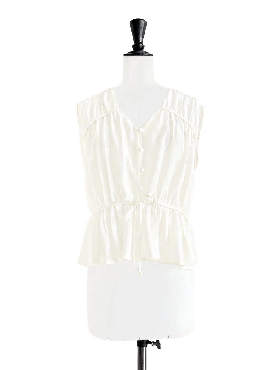 Last Chance! Creamy White Ruched Drawstring Waist Silk Blouse