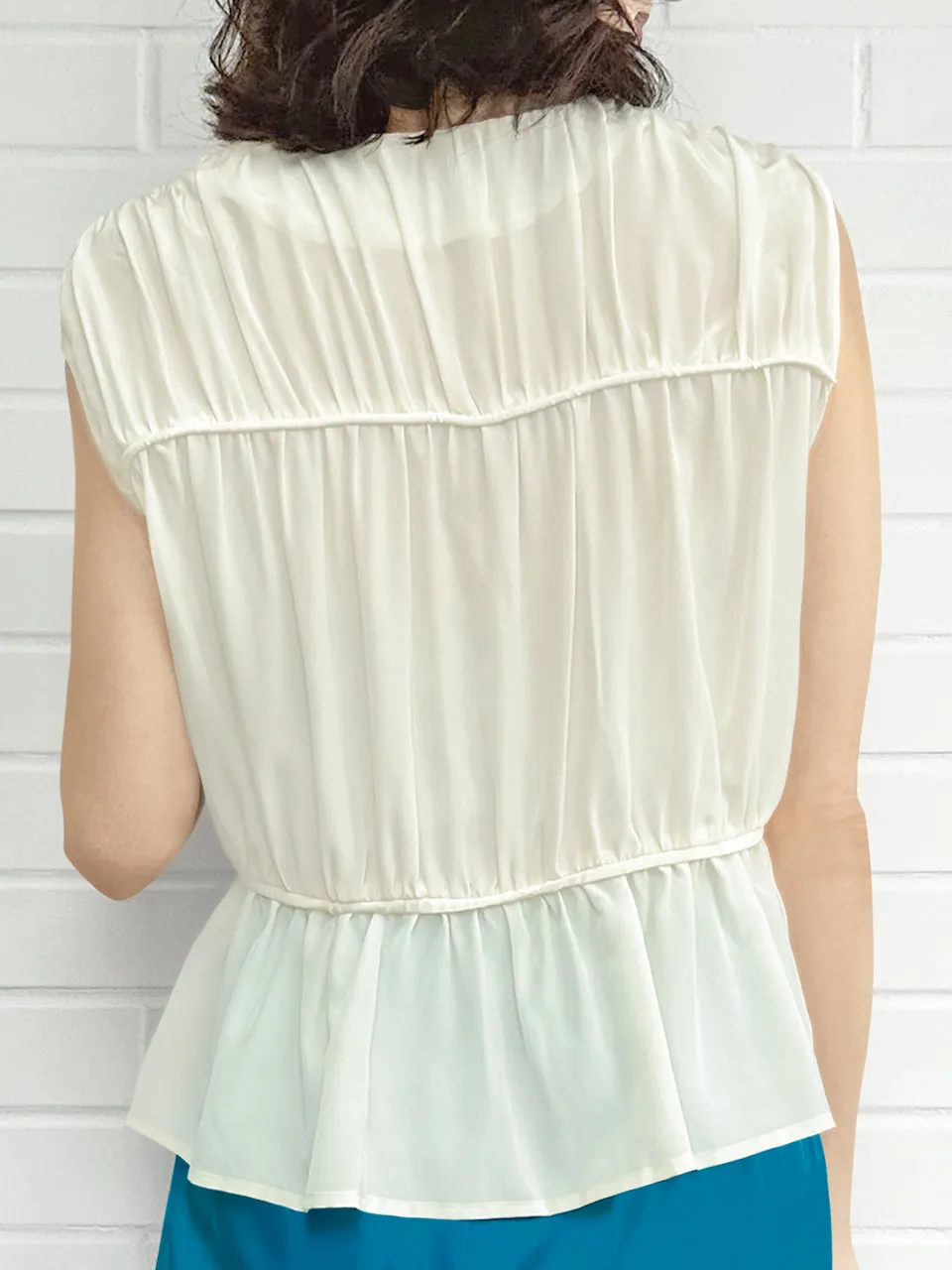 Last Chance! Creamy White Ruched Drawstring Waist Silk Blouse