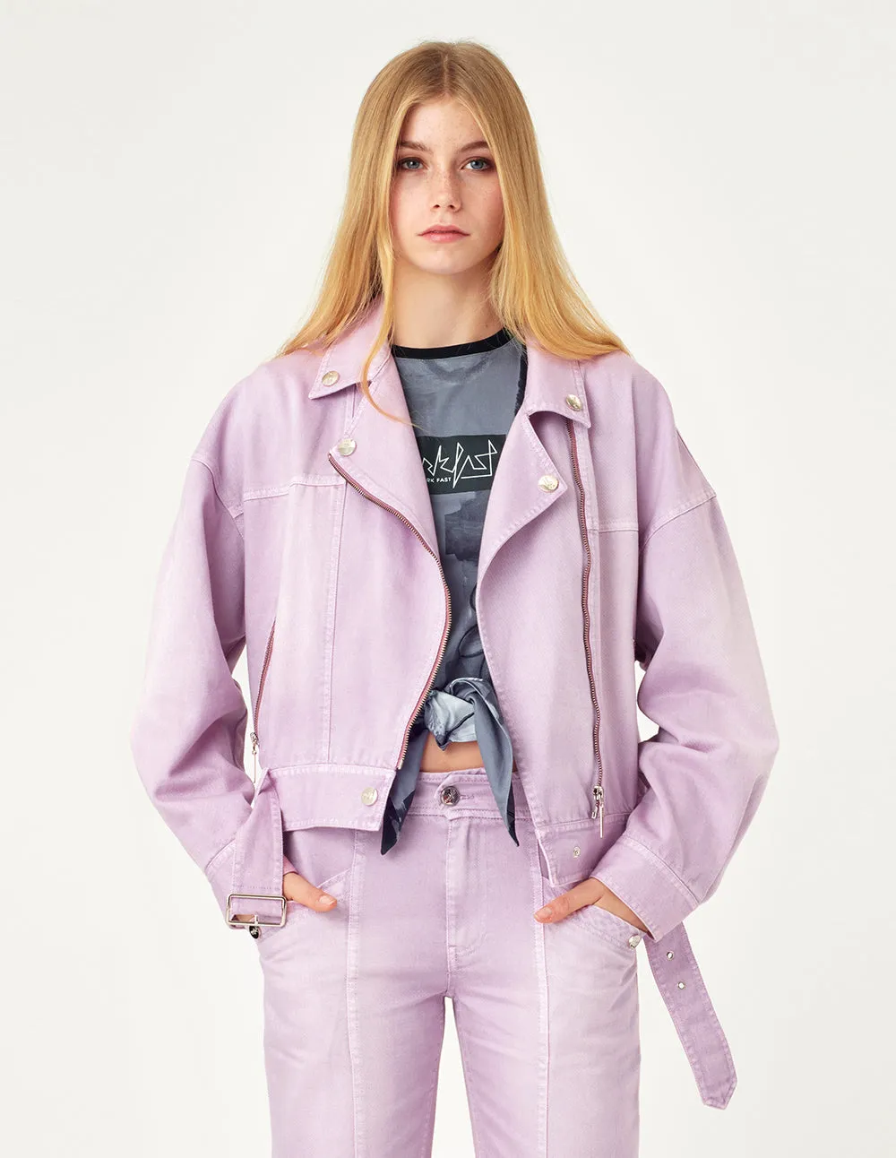 MARK FAST Women Pink Dyed Denim Biker Jacket