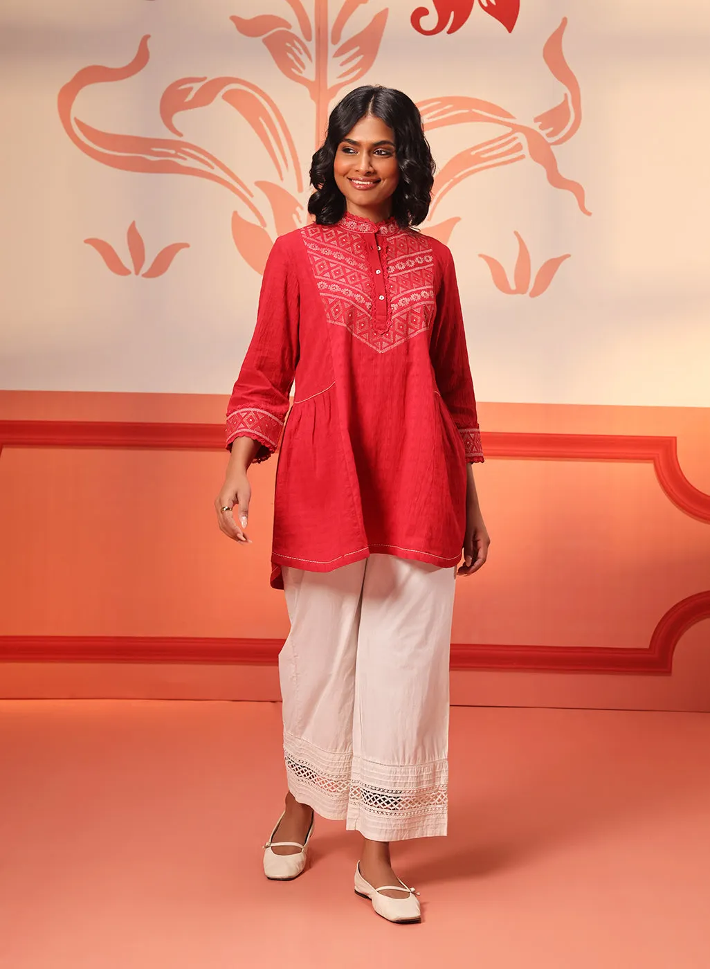 Meerab Red Embroidered Cotton Top for Women