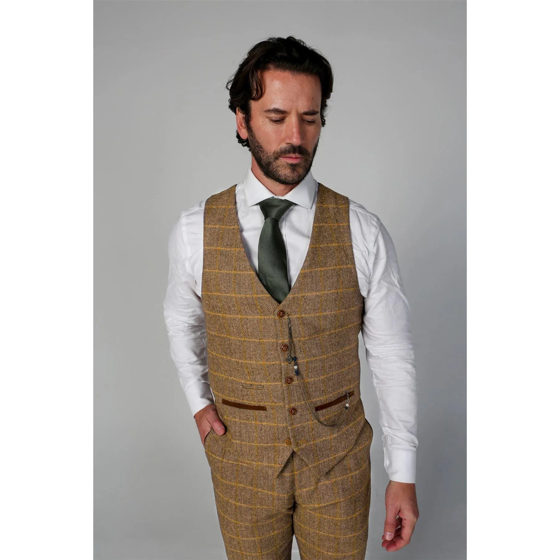 Men's Brown Waistcoat Tweed Herringbone Wool Blend Vest