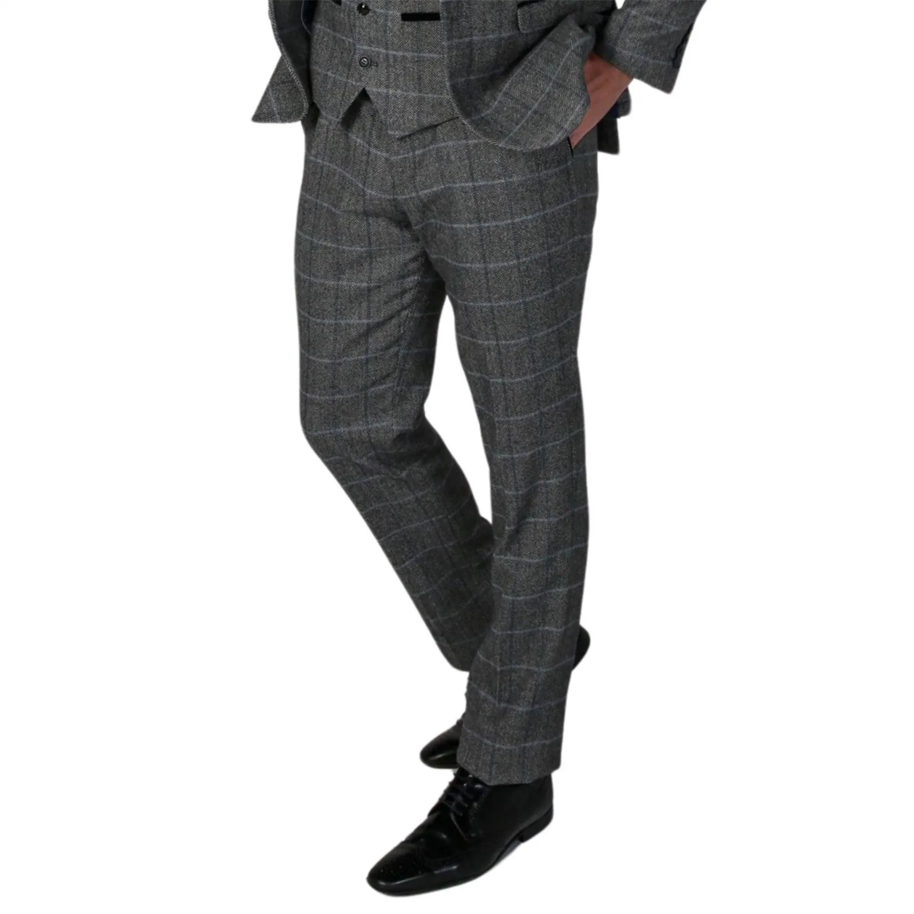 Men's Grey Trousers Tweed Herringbone Wool Blend Pants