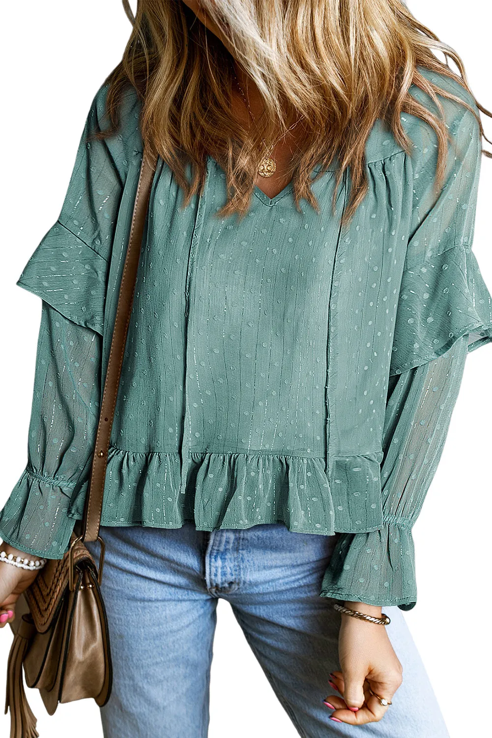 Mint Green Swiss Dot Lace up V Neck Ruffled Blouse