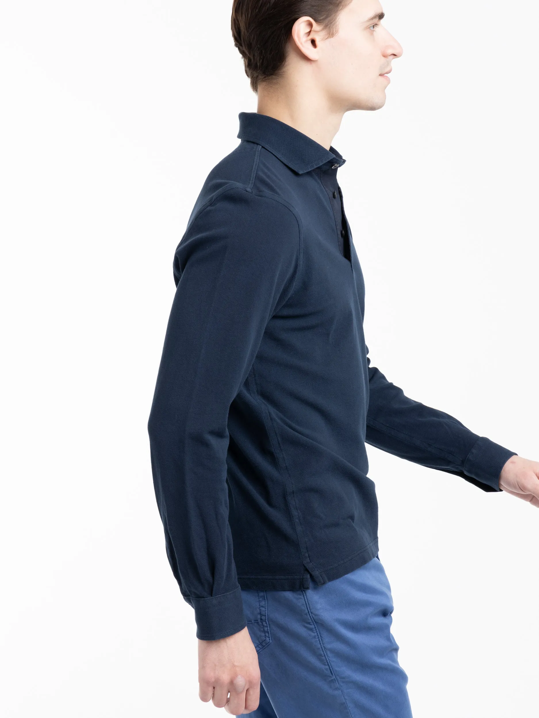 Navy Cotton Long-Sleeve Polo