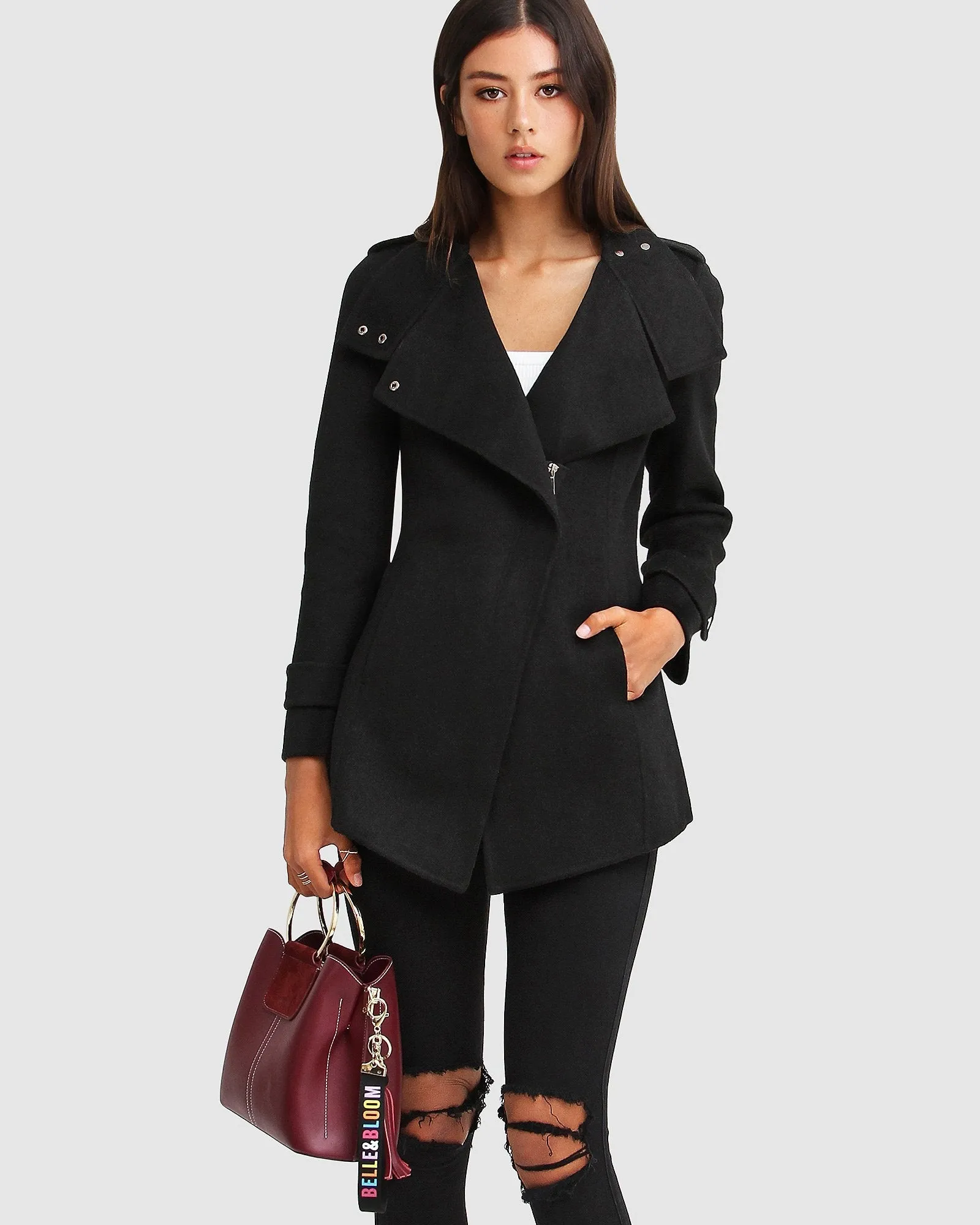 NEW FIT Bad Girl Wool Blend Moto Coat - Black