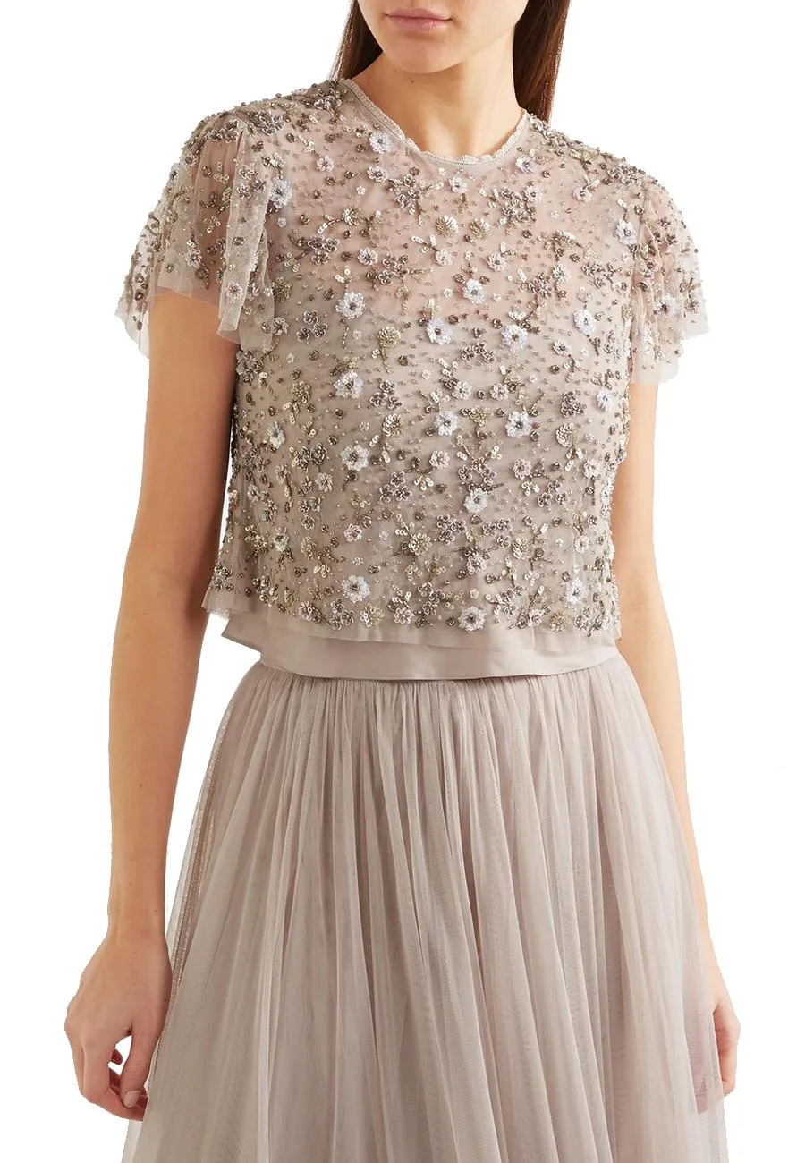 Nude Comet Embellished Tulle Cropped Top and Skirt