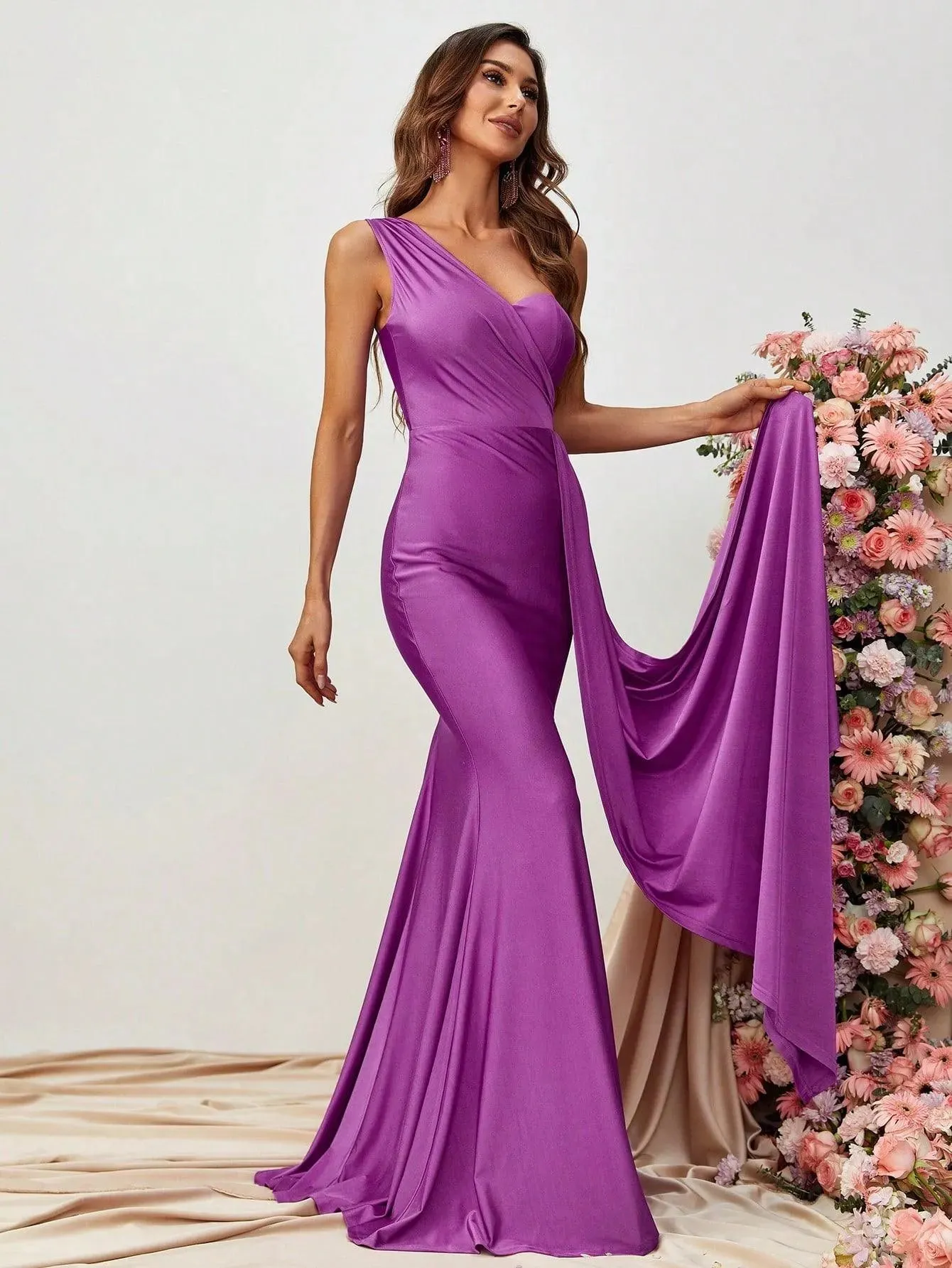 One Shoulder Draped Side Split Thigh Formal Dress