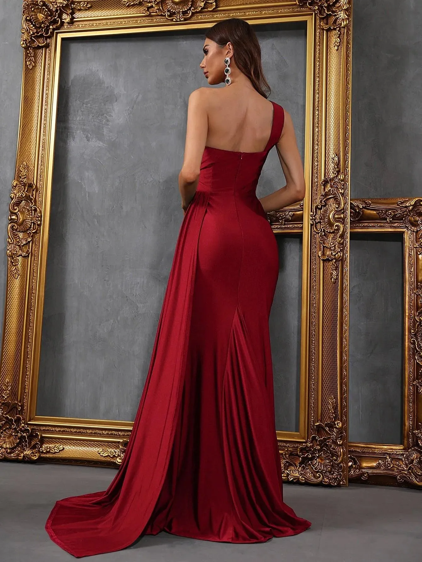 One Shoulder Draped Side Split Thigh Formal Dress