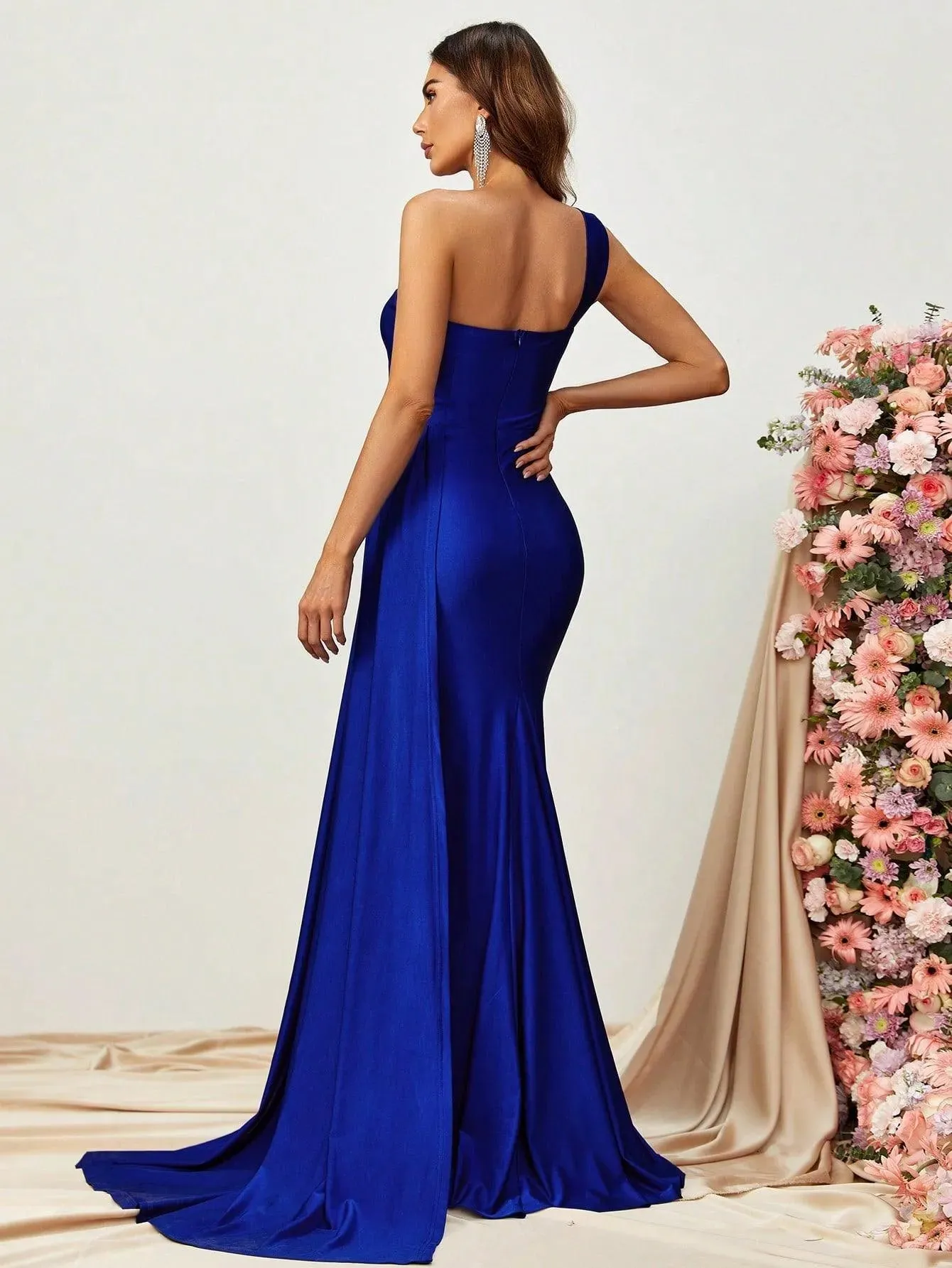 One Shoulder Draped Side Split Thigh Formal Dress