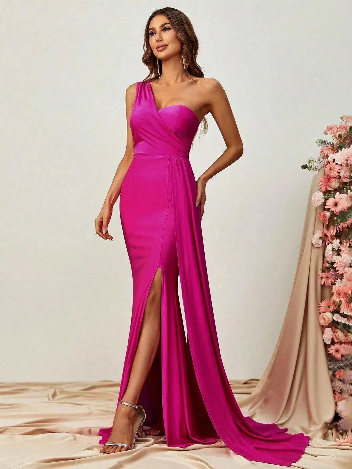 One Shoulder Draped Side Split Thigh Formal Dress