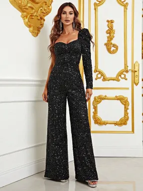 One Shoulder Sequin Wide Leg Jumpsuit