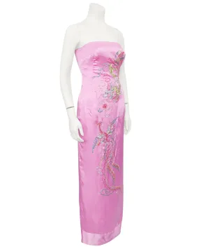 Pink Strapless Silk Gown with Beaded Dragon and Phoenix