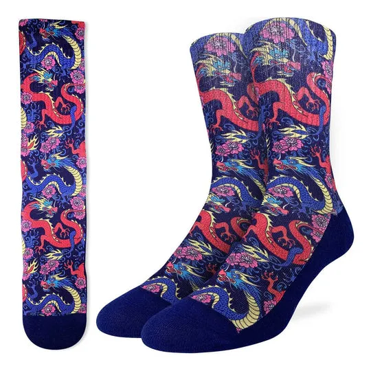 "Chinese Dragons" Active Fit Crew Socks by Good Luck Sock - Large