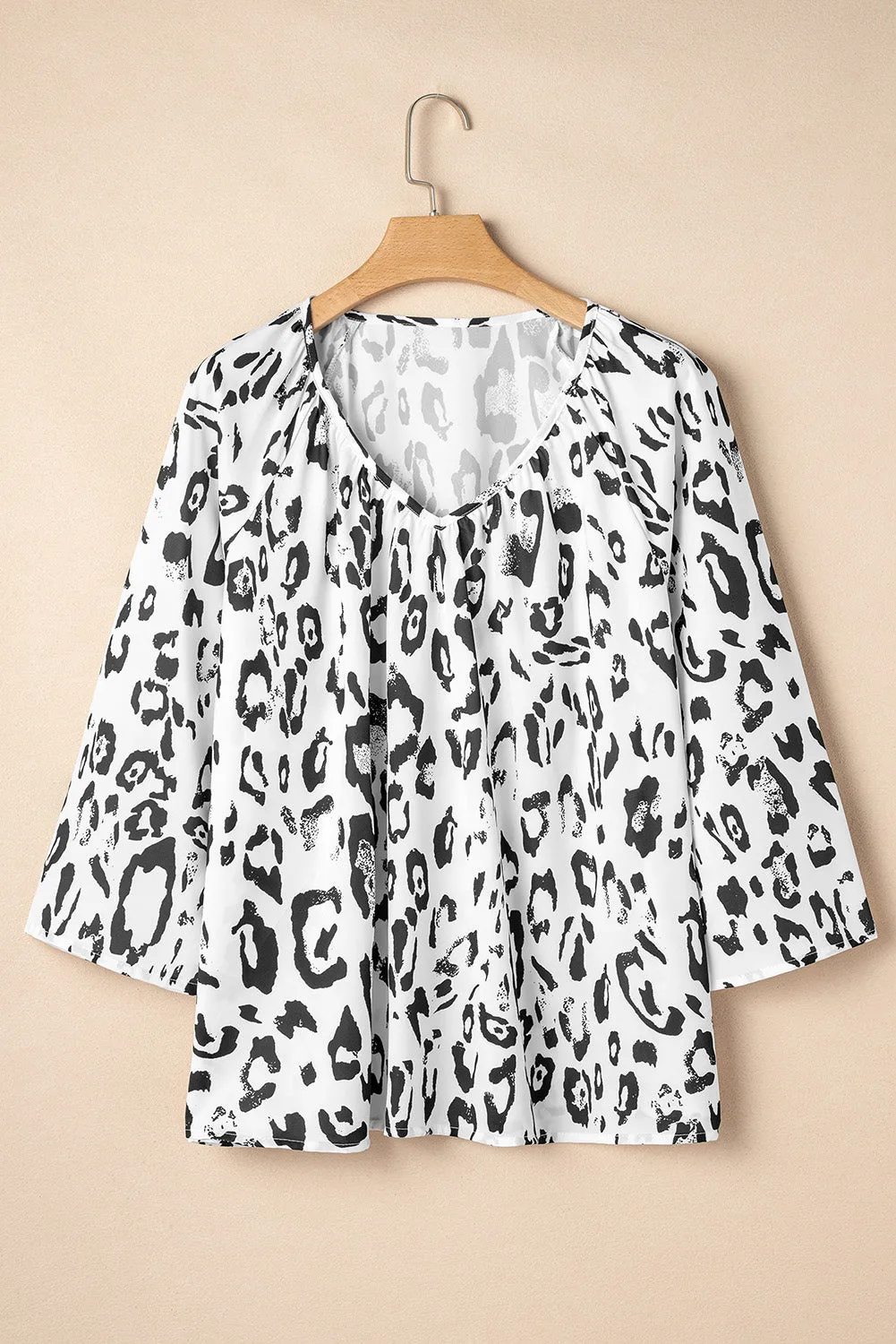 Rose Leopard Print V Neck 3/4 Sleeve Blouse