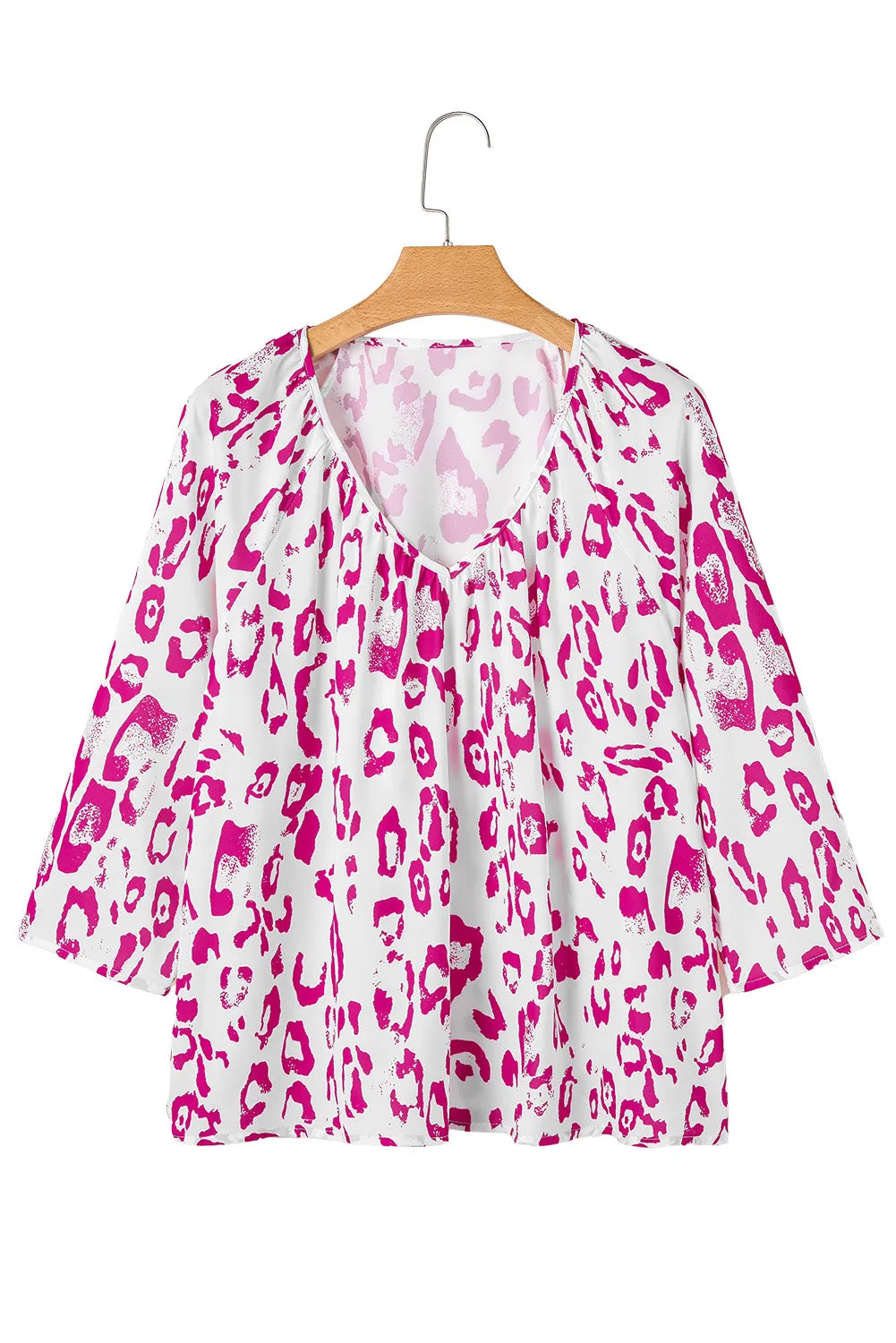 Rose Leopard Print V Neck 3/4 Sleeve Blouse