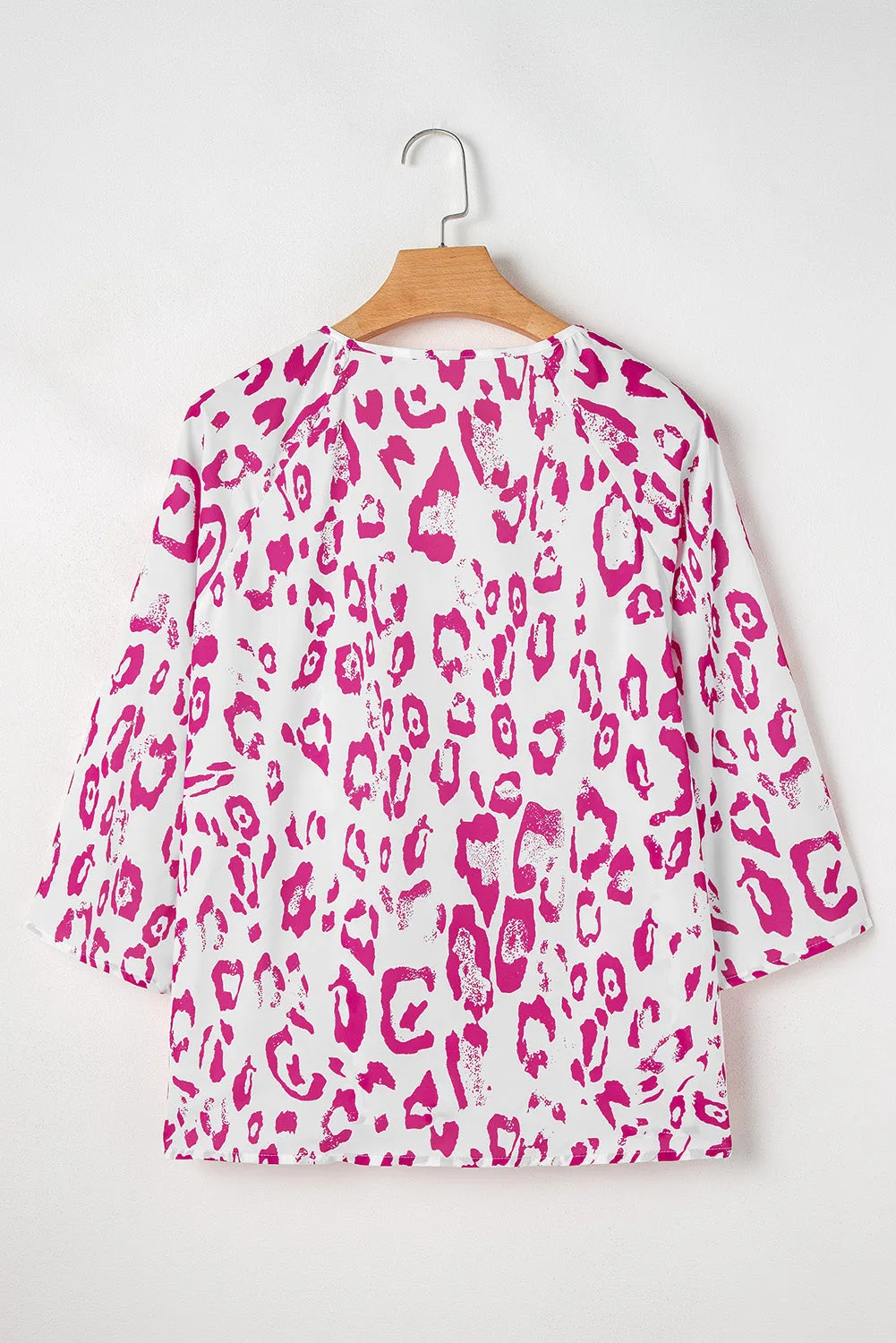 Rose Leopard Print V Neck 3/4 Sleeve Blouse