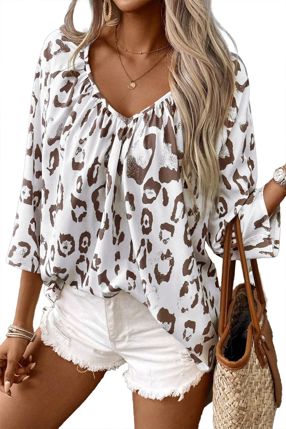 Rose Leopard Print V Neck 3/4 Sleeve Blouse