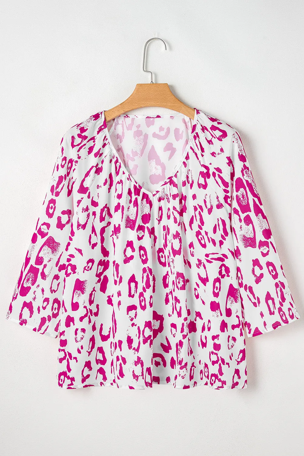 Rose Leopard Print V Neck 3/4 Sleeve Blouse