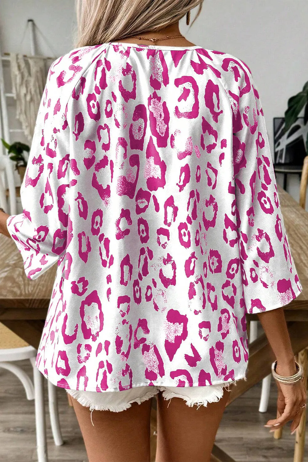 Rose Leopard Print V Neck 3/4 Sleeve Blouse