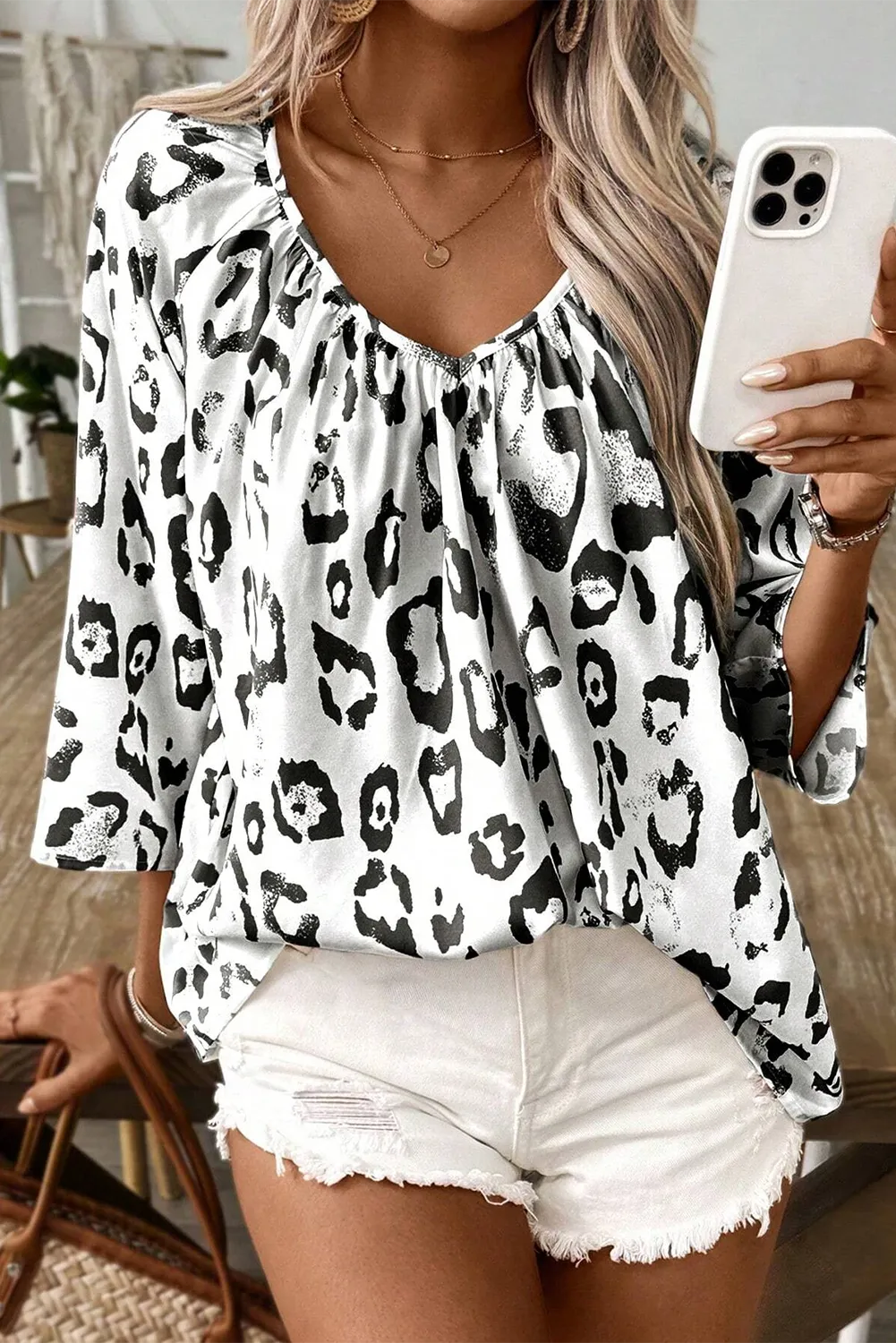 Rose Leopard Print V Neck 3/4 Sleeve Blouse