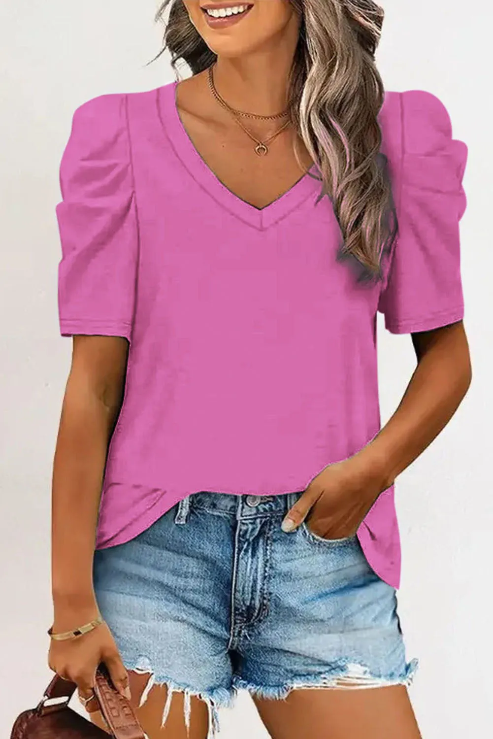 Rose Puff Sleeve V-Neck T-Shirt