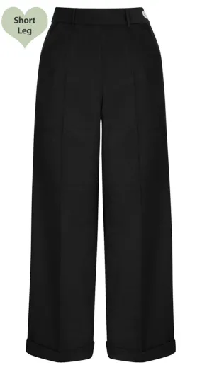 Short 1930s and 40s Classic High Waist Wide Leg Trousers in Black