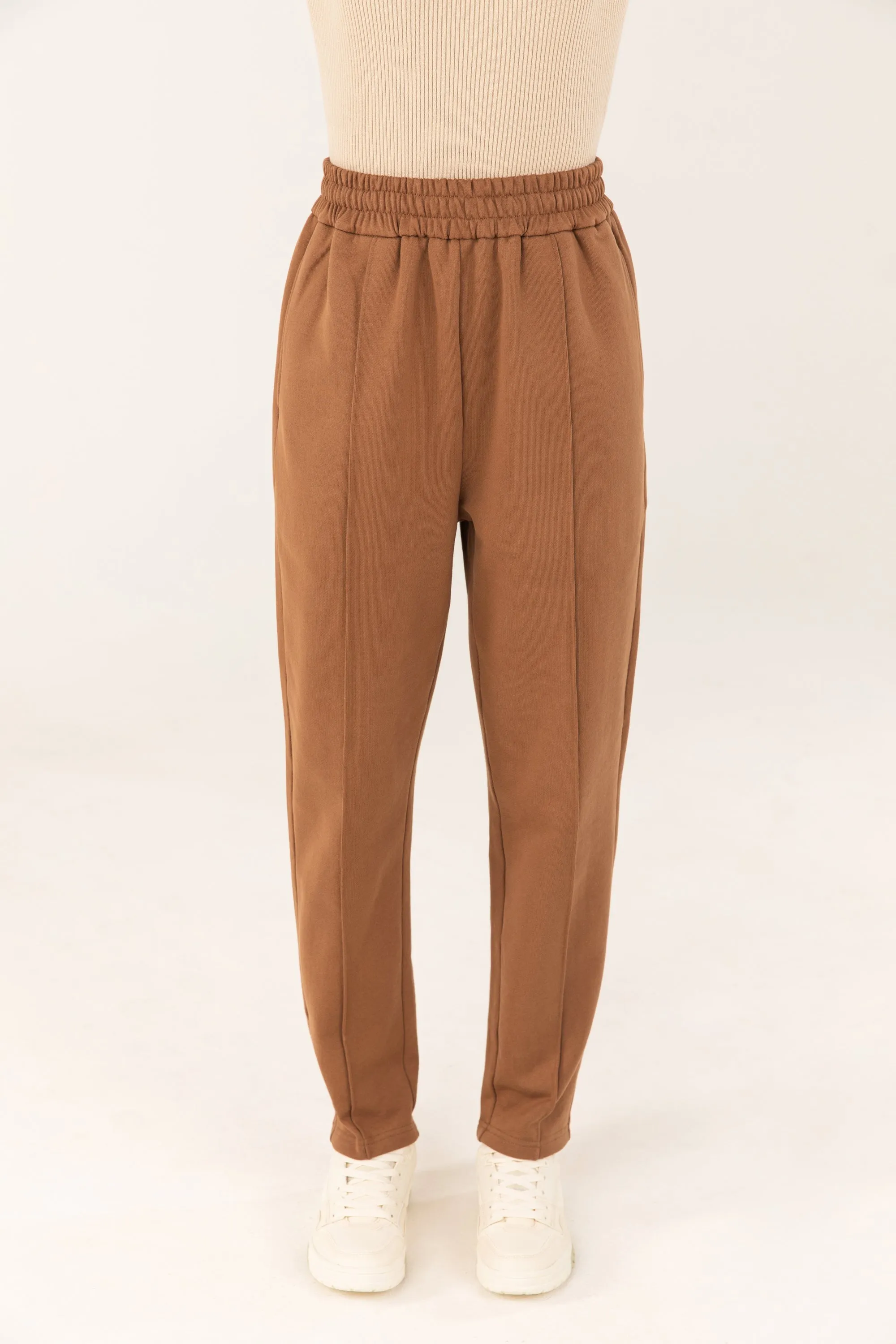 Straight Leg Seam Front Cotton Sweatpants - Coffee Bean