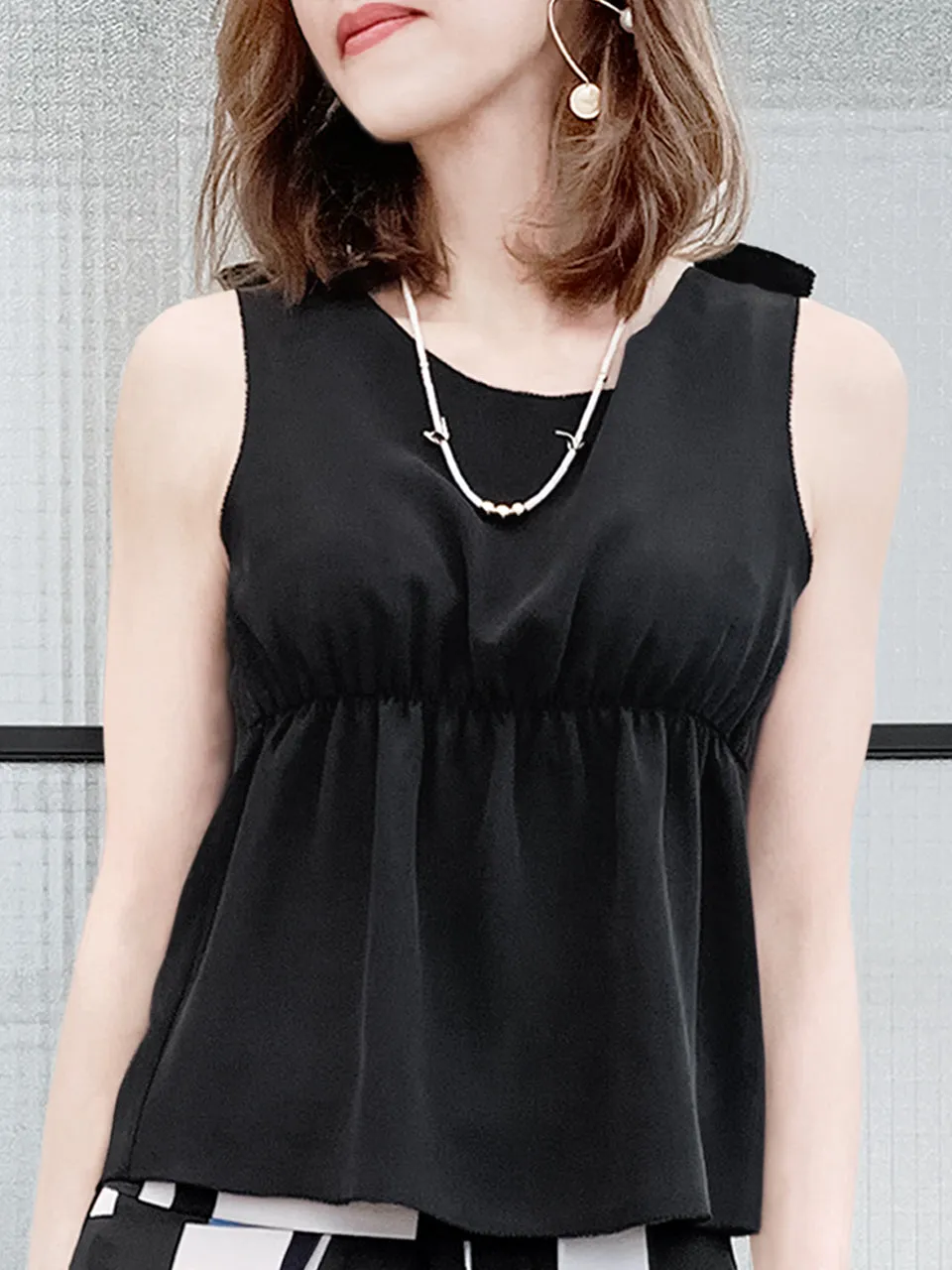 Surprise Sale! Black Stitched Trim Empire Waist Silk Tank