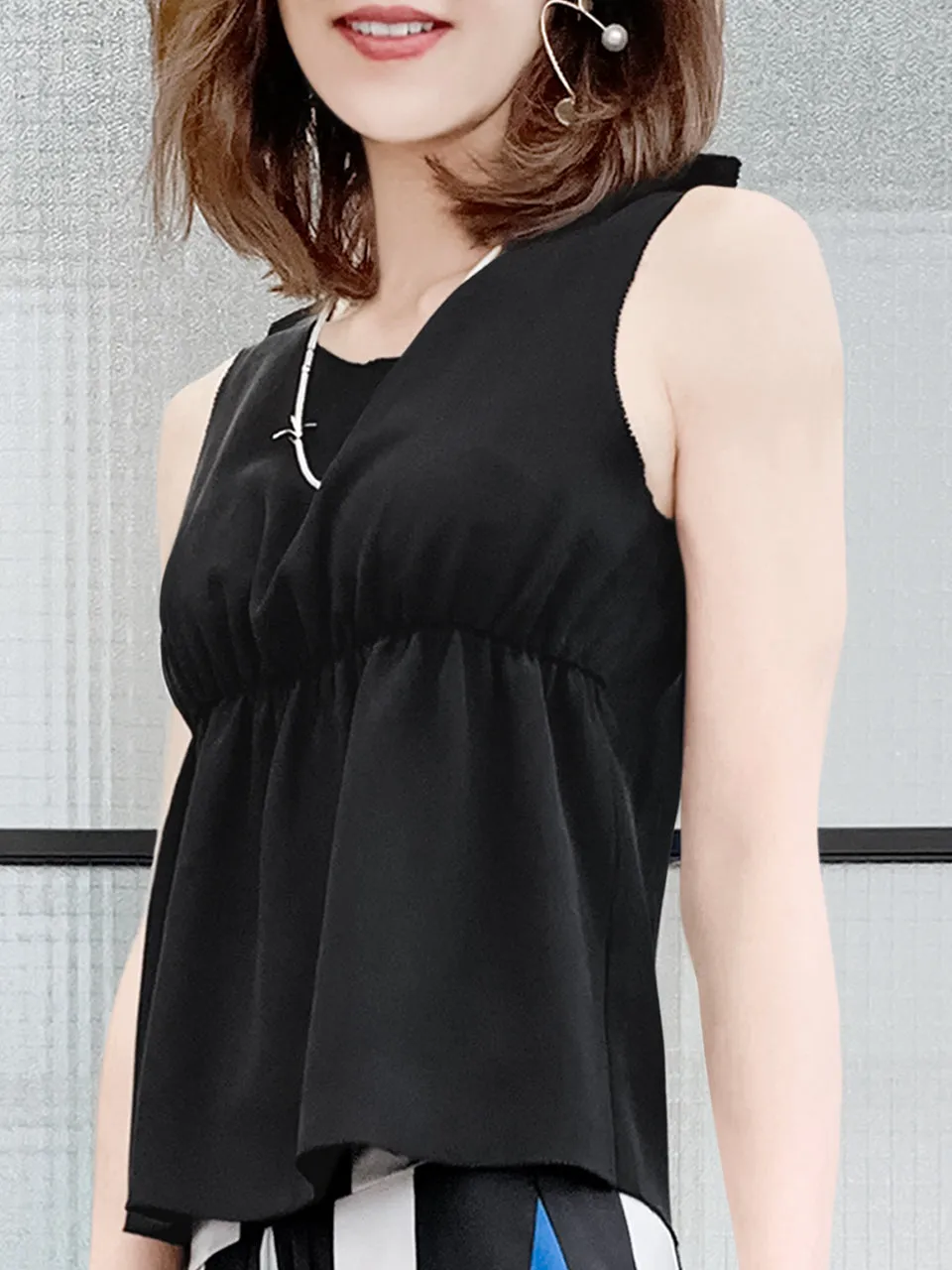 Surprise Sale! Black Stitched Trim Empire Waist Silk Tank