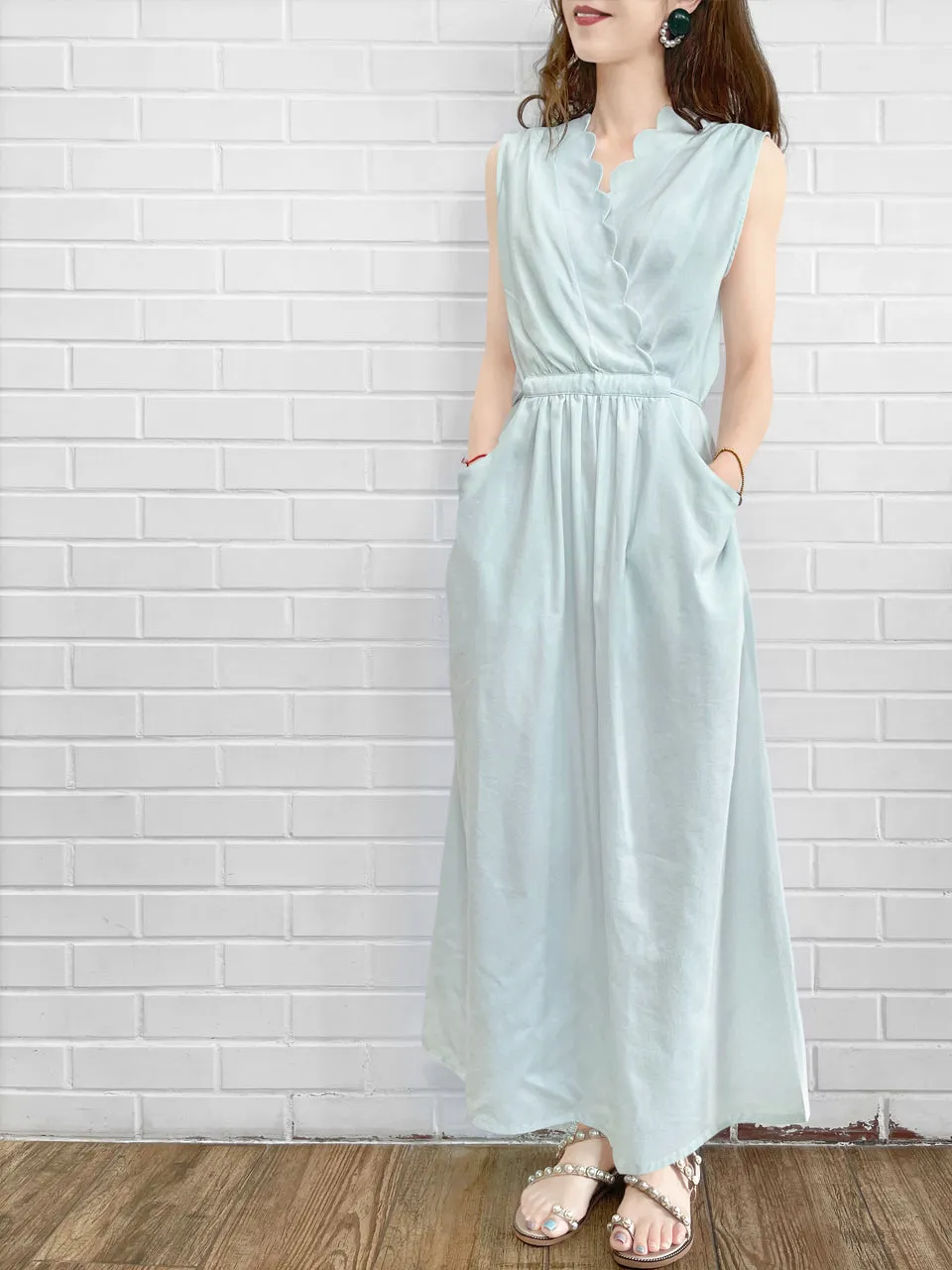 Surprise Sale! Pale Blue Scallop Detail Tie Waist Maxi Dress