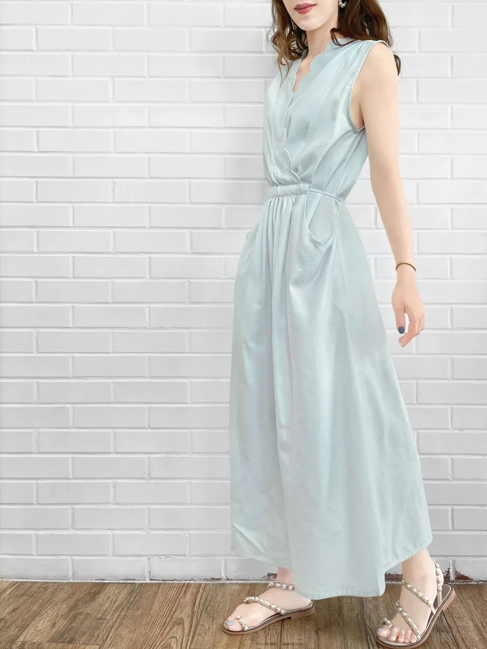 Surprise Sale! Pale Blue Scallop Detail Tie Waist Maxi Dress