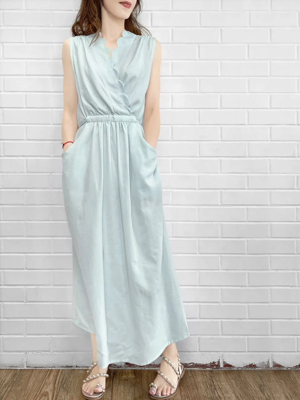 Surprise Sale! Pale Blue Scallop Detail Tie Waist Maxi Dress