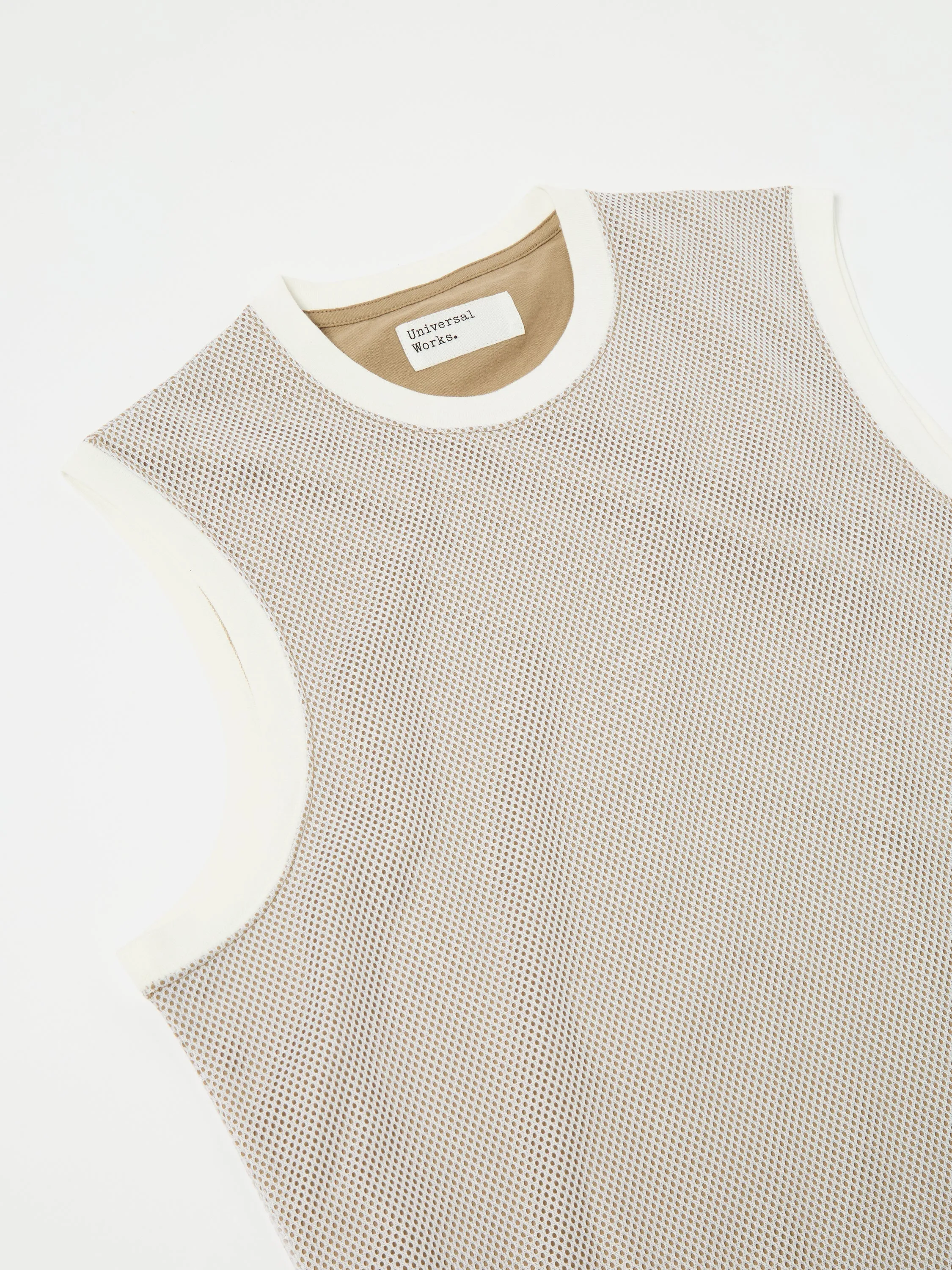 Universal Works Basketball Vest in White/Sand Mesh/Single Jersey