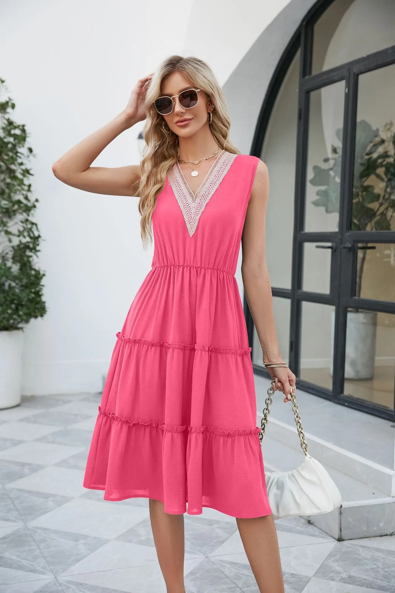 V-neck Dresses Sleeveless Pleated Ruffle Elegant Dress Beach Dress