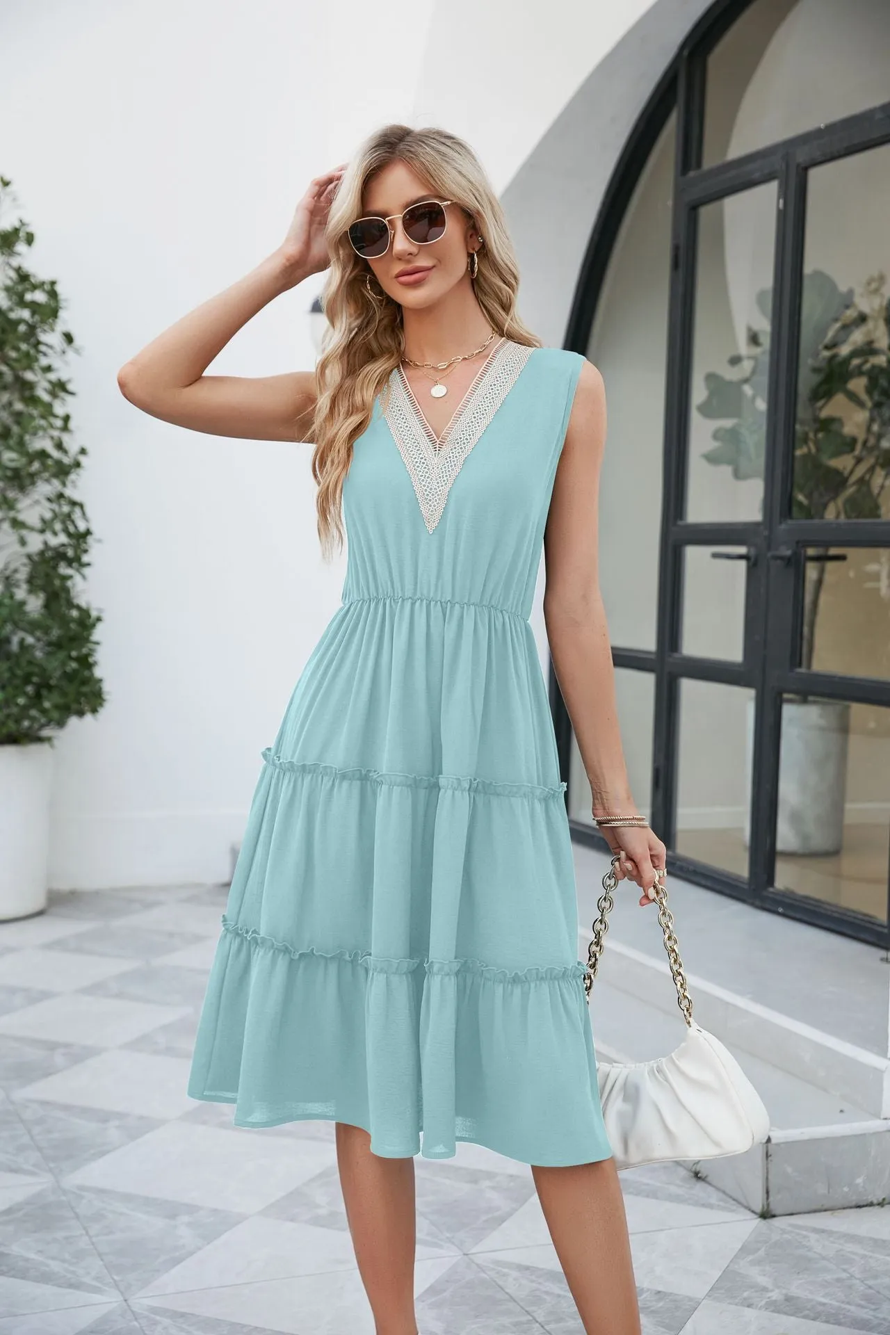 V-neck Dresses Sleeveless Pleated Ruffle Elegant Dress Beach Dress