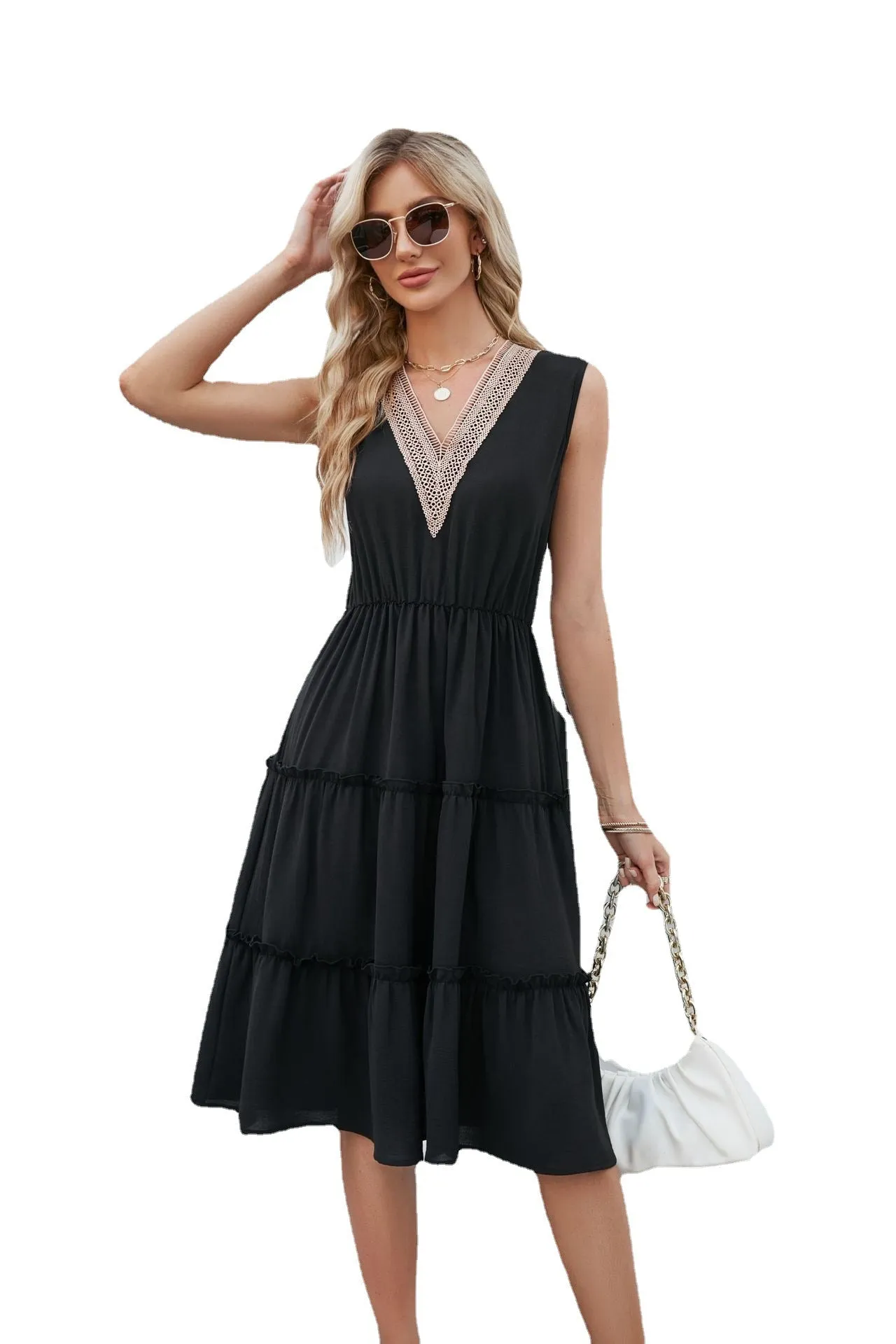 V-neck Dresses Sleeveless Pleated Ruffle Elegant Dress Beach Dress