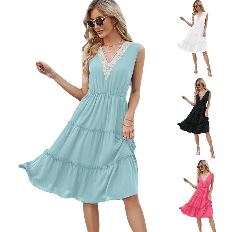 V-neck Dresses Sleeveless Pleated Ruffle Elegant Dress Beach Dress