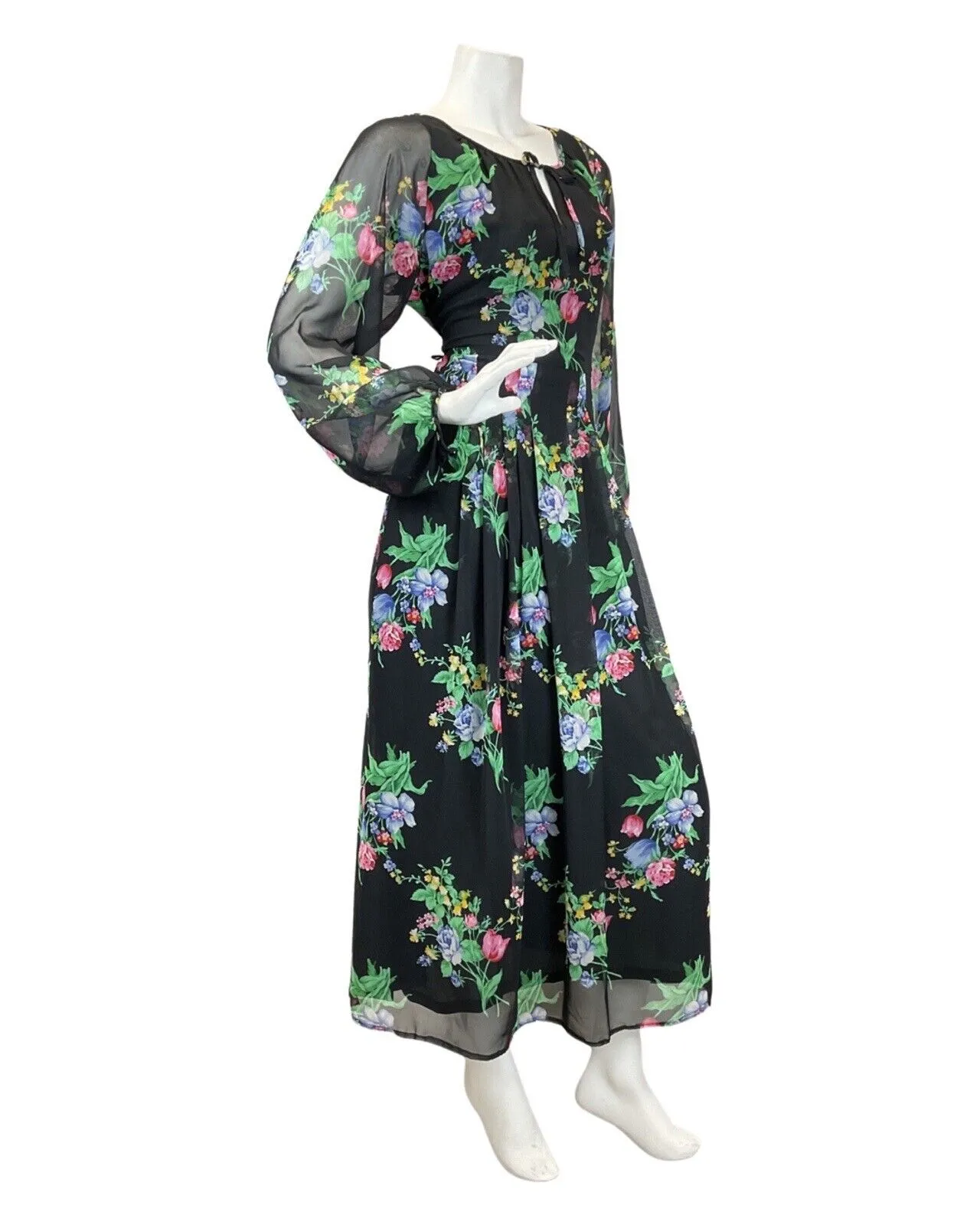 VINTAGE 60s 70s BLACK GREEN BLUE FLORAL BOUQUET ROSE SHEER MAXI DRESS 14