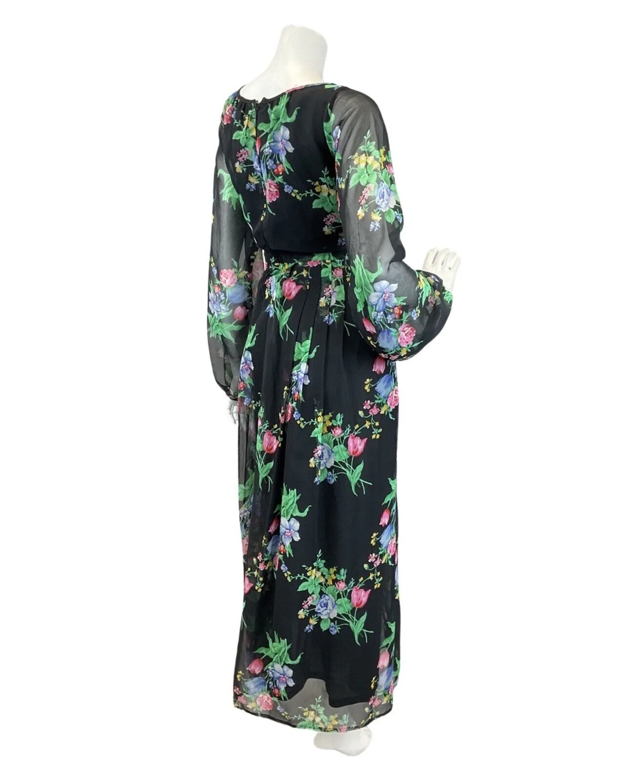 VINTAGE 60s 70s BLACK GREEN BLUE FLORAL BOUQUET ROSE SHEER MAXI DRESS 14