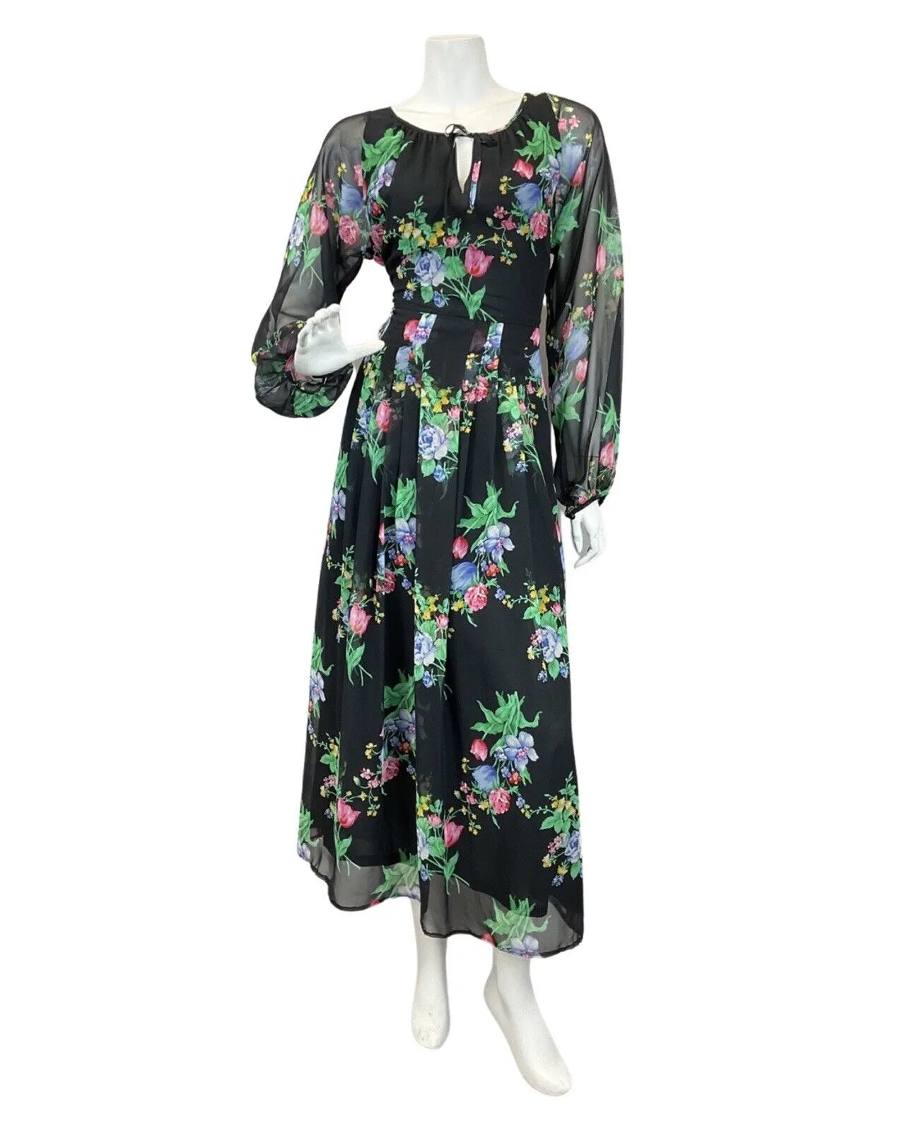 VINTAGE 60s 70s BLACK GREEN BLUE FLORAL BOUQUET ROSE SHEER MAXI DRESS 14