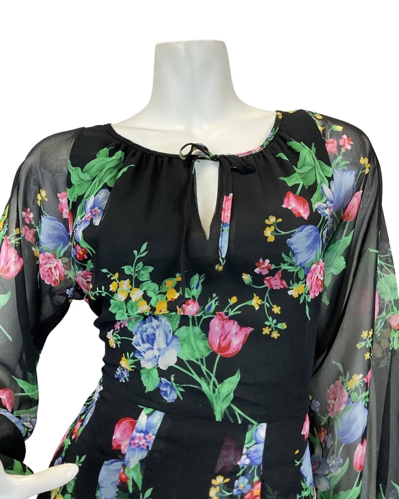 VINTAGE 60s 70s BLACK GREEN BLUE FLORAL BOUQUET ROSE SHEER MAXI DRESS 14