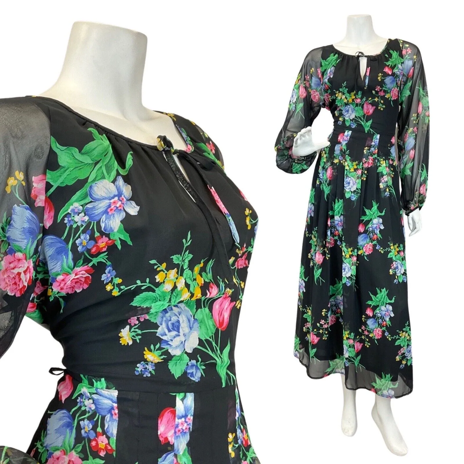 VINTAGE 60s 70s BLACK GREEN BLUE FLORAL BOUQUET ROSE SHEER MAXI DRESS 14